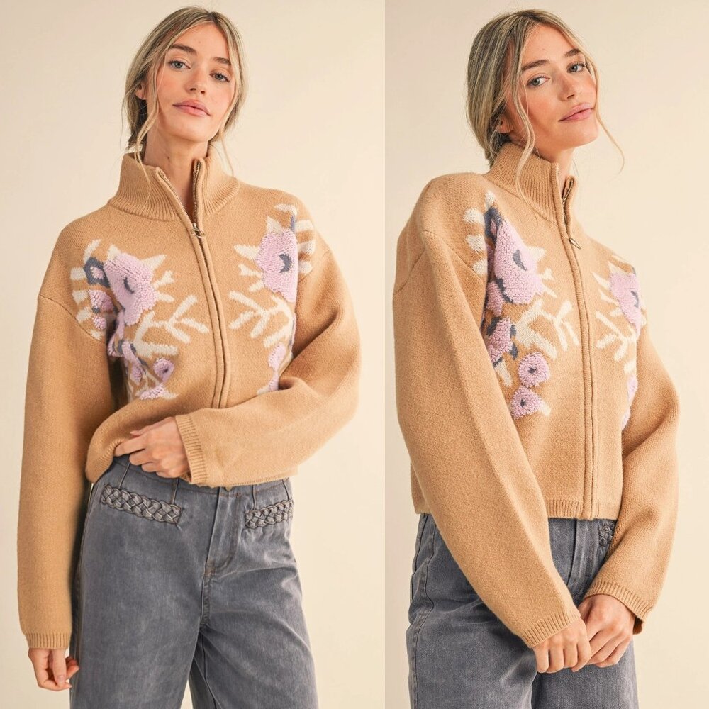 Cameron Floral Zip Up Sweater Cardigan | Women's Winter Taupe Top